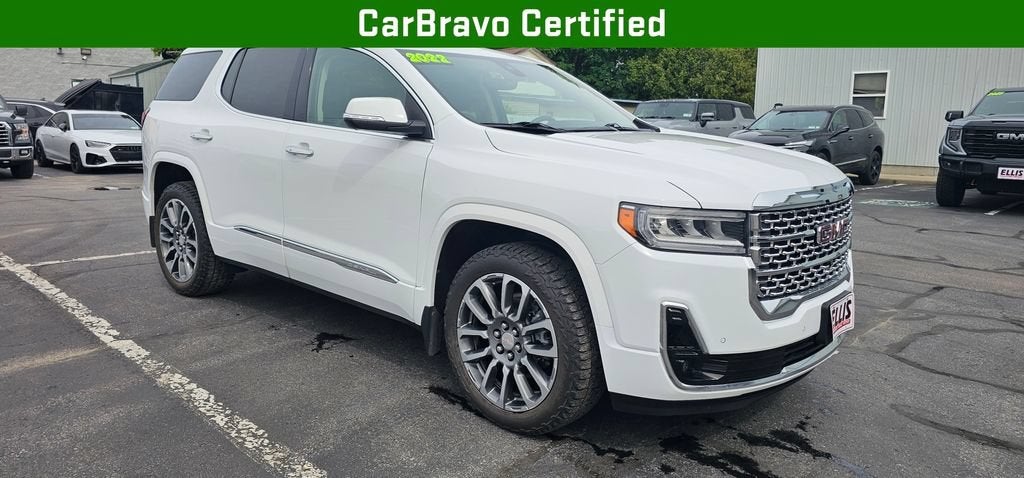 2022 GMC Acadia Denali in Summit White — front three-quarter view